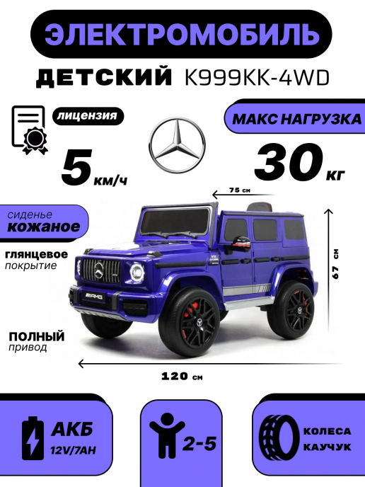 Детский полноприводный электромобиль Mercedes-Benz G63 синий глянец