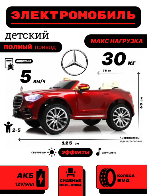 Детский электромобиль Mercdes М333БХ 4WD красный глянец