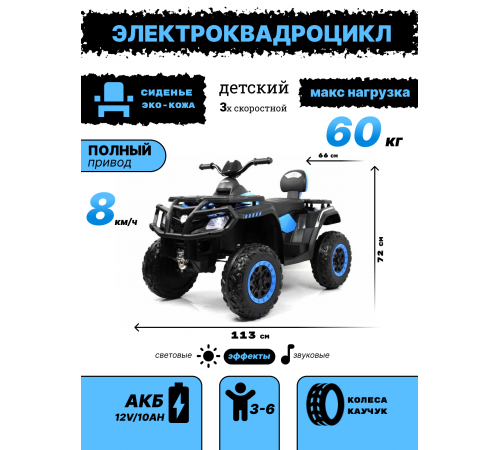 Детский электроквадроцикл T001TT 4WD синий Детский электроквадроцикл T001TT 4WD синий