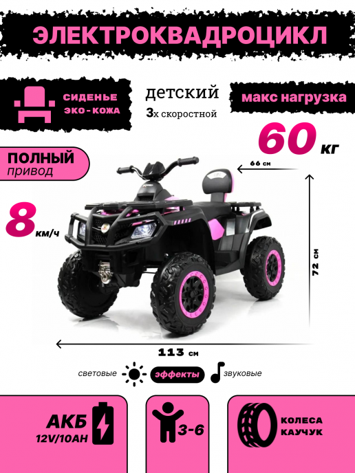 Детский электроквадроцикл T001TT 4WD розовый