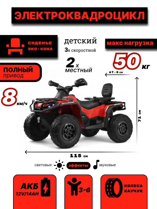 Детский электроквадроцикл BRP Can-Am Outlander (Y888YY) красный