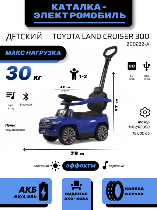Детский толокар с мотором и пультом д.у. Toyota Land Cruiser 300 Z002ZZ-A синий