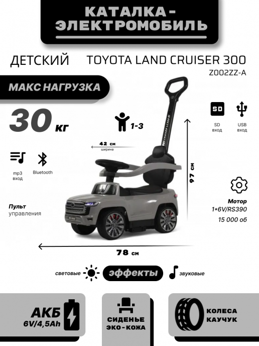 Детский толокар с мотором и пультом д.у. Toyota Land Cruiser 300 Z002ZZ-A серый
