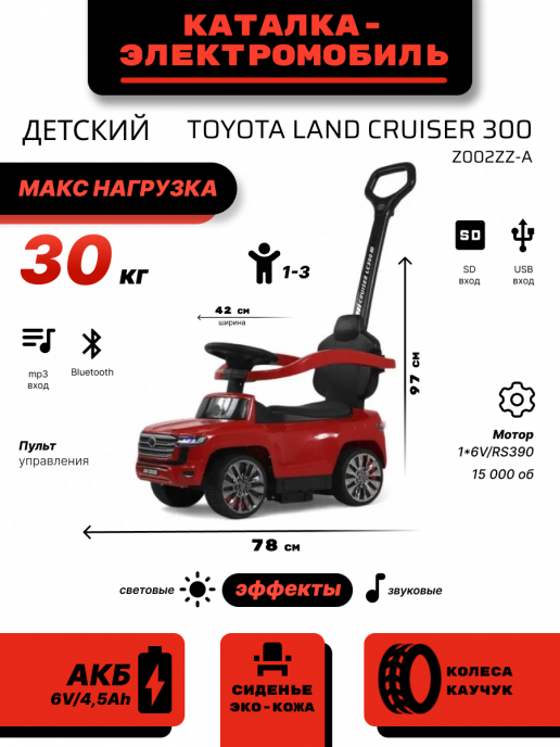 Детский толокар с мотором и пультом д.у. Toyota Land Cruiser 300 Z002ZZ-A красный