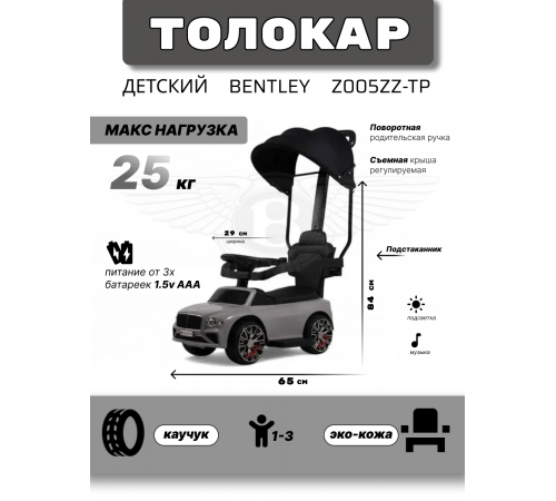 Детский толокар-каталка с козырьком Bentley Z005ZZ-TP серый