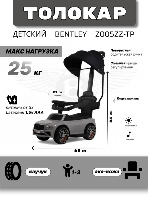 Детский толокар-каталка с козырьком Bentley Z005ZZ-TP серый