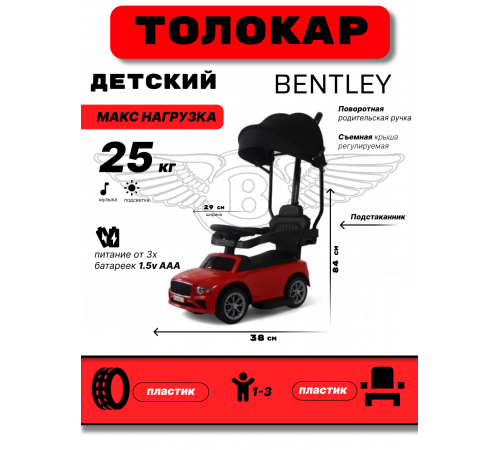 Детский толокар с козырьком Bentley Z005ZZ-T красный Детский толокар с козырьком Bentley Z005ZZ-T красный