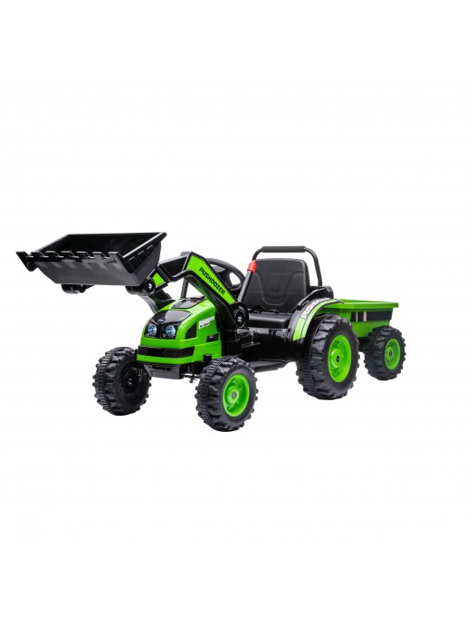 Детский электромобиль трактор с ковшом и прицепом (зеленый, 2WD, EVA) - HL389-LUX-GREEN-TRAILER