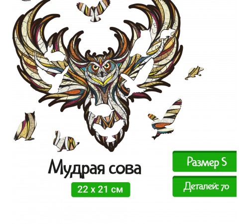 Деревянный, фигурный пазл EWA Мудрая Сова S 21x22 см
