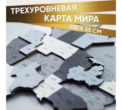 EWA Деревянная Карта Мира настенная, объемная 3 уровня, размер S (100x55 см), цвет дымчатый