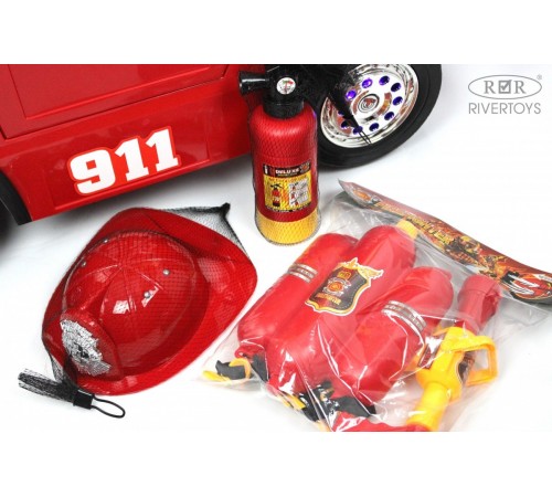 Детский пожарный электромобиль с полным набором амуниции A555AA красный