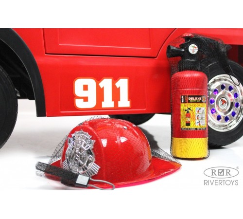 Детский пожарный электромобиль с полным набором амуниции A555AA красный