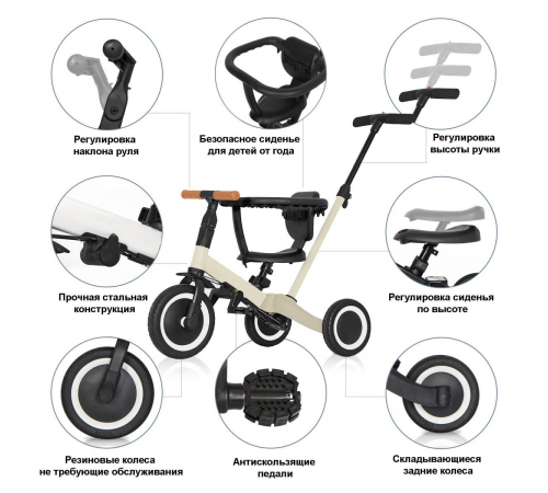 Детский беговел-велосипед 8в1 с крышей и ручкой, бежевый - TR008C-BEIGE