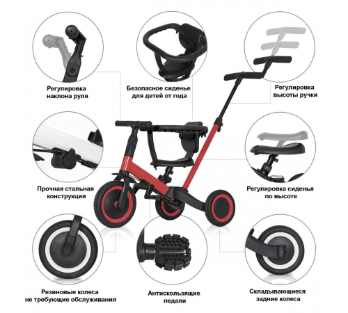 Детский беговел-велосипед 8в1 с крышей и ручкой, красный - TR008C-RED