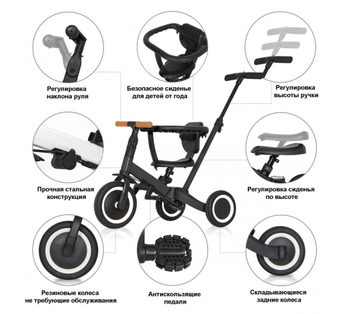 Детский беговел-велосипед 8в1 с крышей и ручкой, темно-серый - TR008C-DARK-GREY