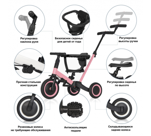 Детский беговел-велосипед 8в1 с крышей и ручкой, розовый - TR008C-PINK