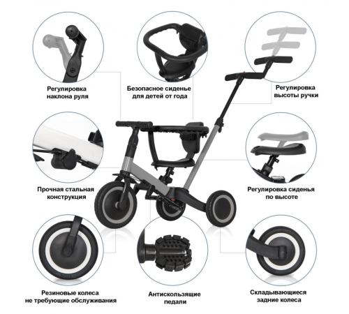 Детский беговел-велосипед 8в1 с крышей и ручкой, серый - TR008C-GREY