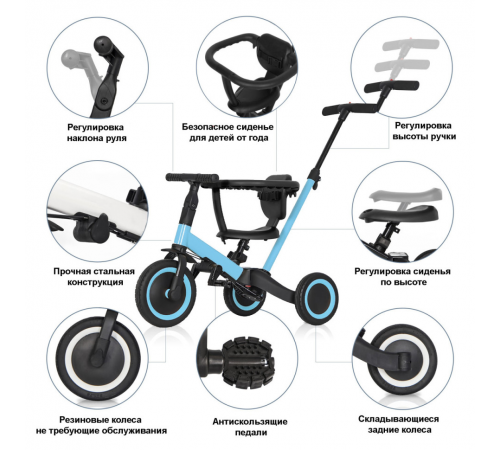 Детский беговел-велосипед 8в1 с крышей и ручкой, синий - TR008C-BLUE