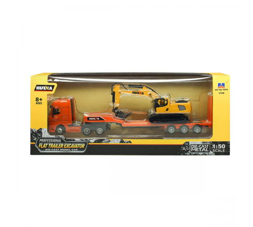 Металлический грузовик трейлер с экскаватором HUINA 1:50 - HN1729-ORANGE