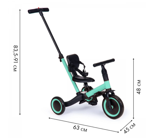 Детский беговел-велосипед 4в1 с родительской ручкой, зеленый с рисунком - TR007-CYAN-PAINT