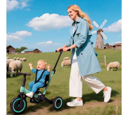 Детский беговел-велосипед 4в1 с родительской ручкой, зеленый с рисунком - TR007-CYAN-PAINT