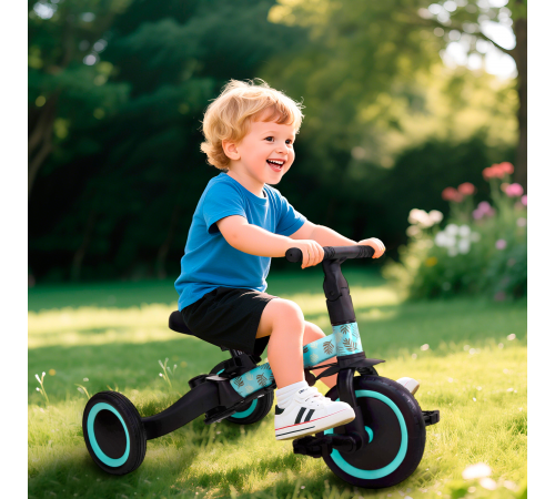 Детский беговел-велосипед 4в1 с родительской ручкой, зеленый с рисунком - TR007-CYAN-PAINT