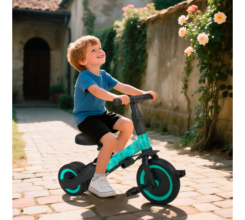 Детский беговел-велосипед 4в1 с родительской ручкой, зеленый с рисунком - TR007-CYAN-PAINT