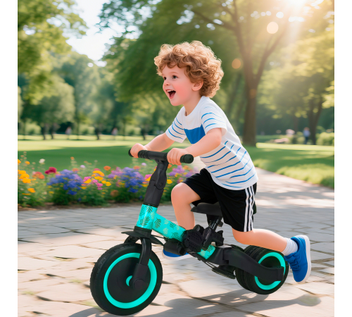 Детский беговел-велосипед 4в1 с родительской ручкой, зеленый с рисунком - TR007-CYAN-PAINT