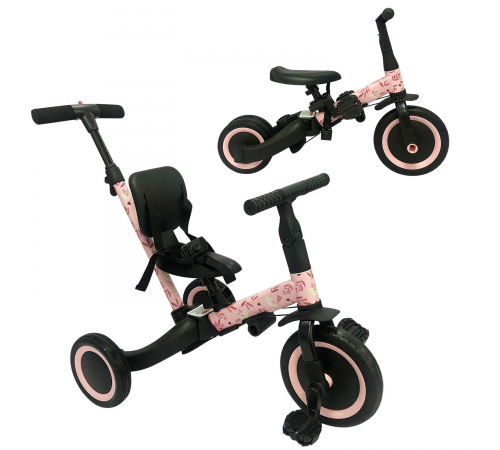 Детский беговел-велосипед 4в1 с родительской ручкой, розовый с рисунком - TR007-PINK-PAINT