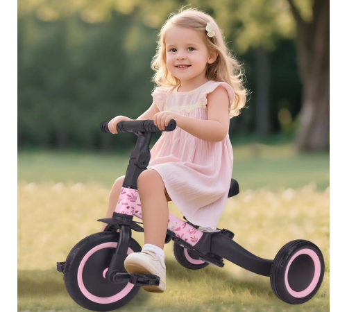 Детский беговел-велосипед 4в1 с родительской ручкой, розовый с рисунком - TR007-PINK-PAINT