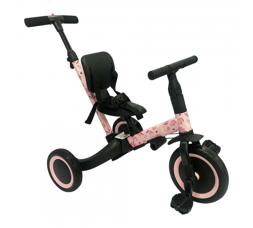 Детский беговел-велосипед 4в1 с родительской ручкой, розовый с рисунком - TR007-PINK-PAINT