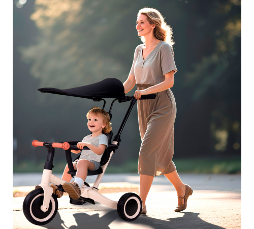 Детский беговел-велосипед 8в1 с крышей и ручкой, бежевый - TR010-BEIGE