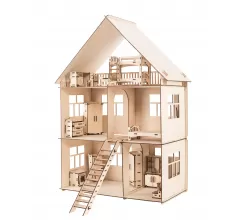 Кукольный домик, конструктор деревянный ХэппиДом "Коттедж с мебелью" из дерева