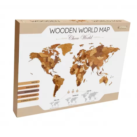 EWA Деревянная Карта Мира настенная, объемная 3 уровня, размер L (192x105 см), цвет шоколад
