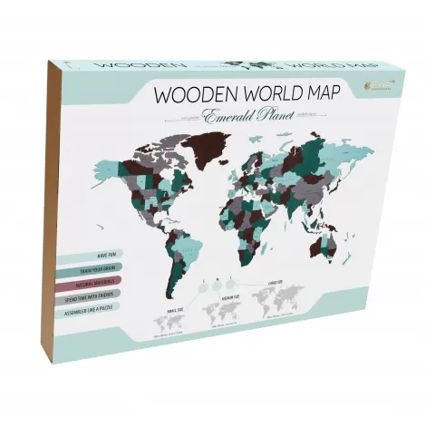 EWA Деревянная Карта Мира настенная, объемная 3 уровня, размер L (192x105 см), цвет изумуруд