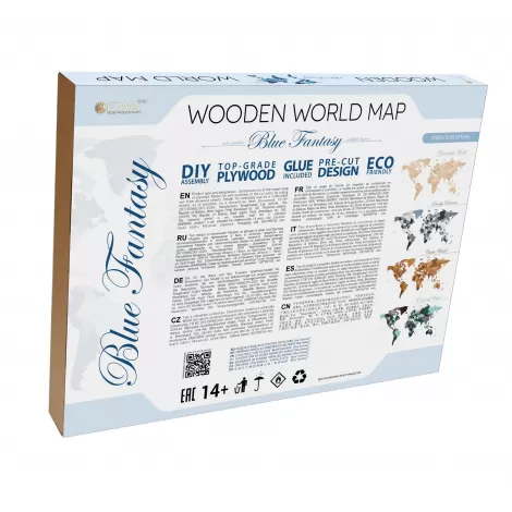 EWA Деревянная Карта Мира настенная, объемная 3 уровня, размер S (100x55 см), цвет синий